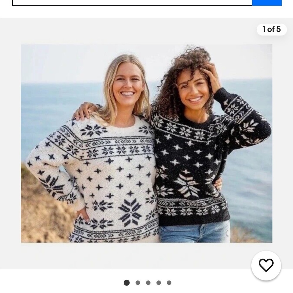 Barefoot Dreams CozyChic Fair Isle Sweater Black White Pullover Crew